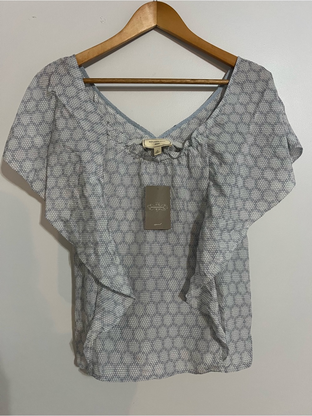 NWT Moulinette Soeurs Silk Pale Blue Geometric V-Neck Flutter Top Anthropologie